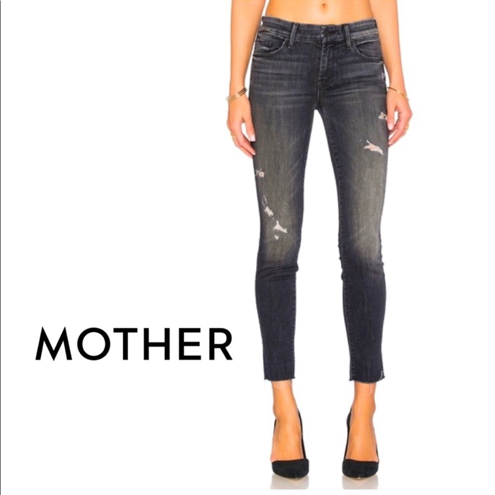Mother Denim THE LOOKER ANKLE FRAY Jeans in Crash and Burn Black Grey Skinny
